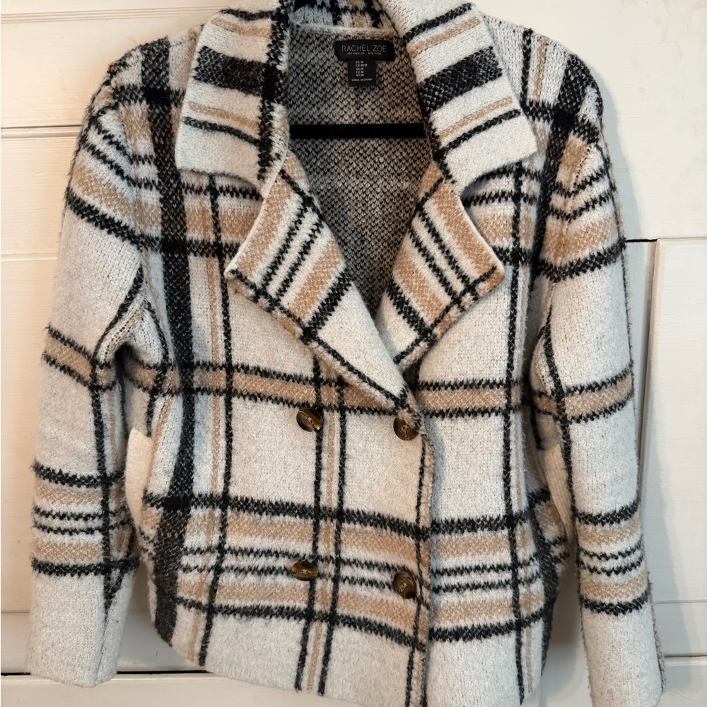 Rachel Zoe Women's Plaid Pea Coat - Black and Cream